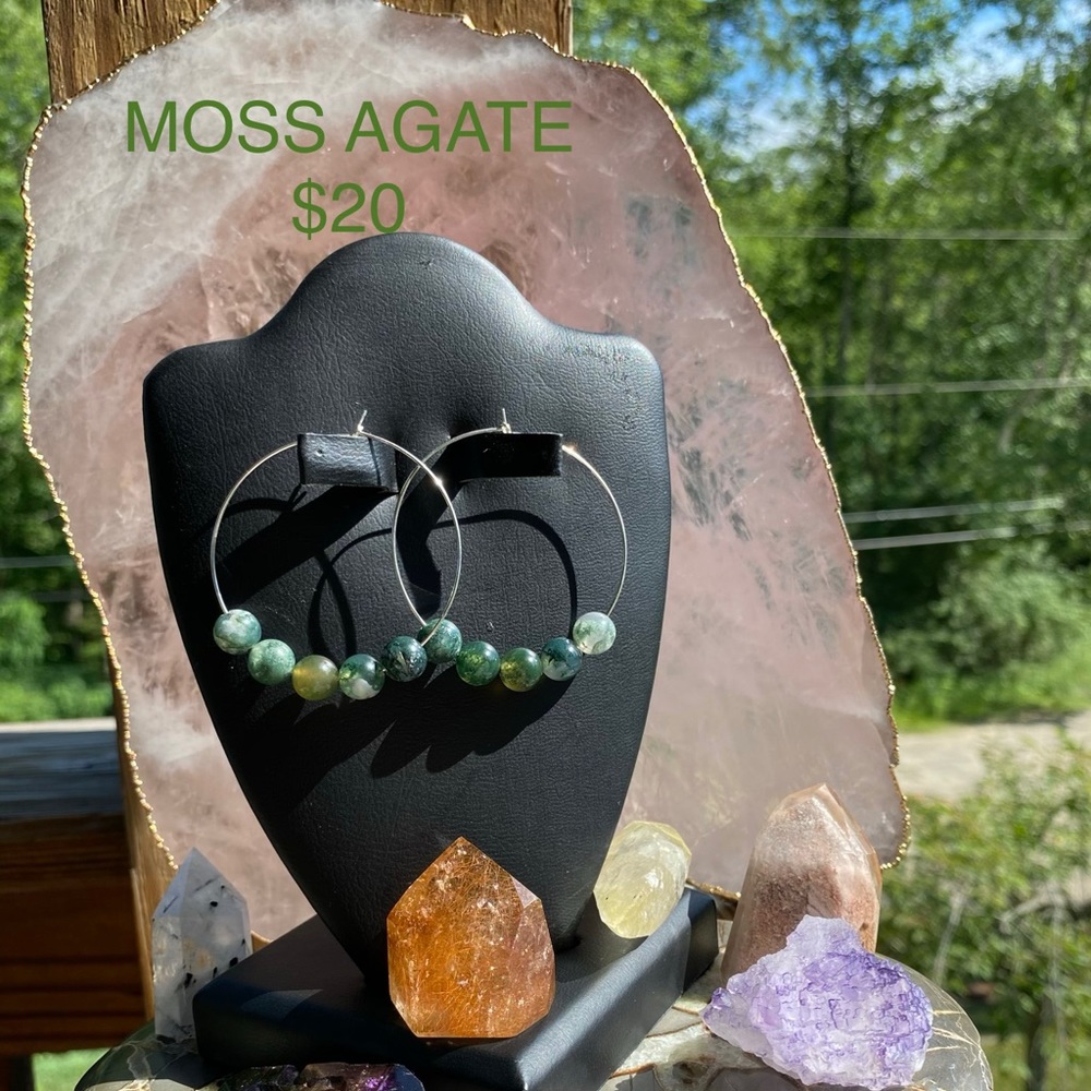 Sterling Silver Genuine Moss Agate Earrings